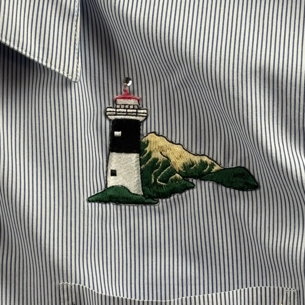 Nautical Lighthouse Embroidered Shirt XL Blue Stripe Coastal‎ Button Up Resort - Picture 5 of 13